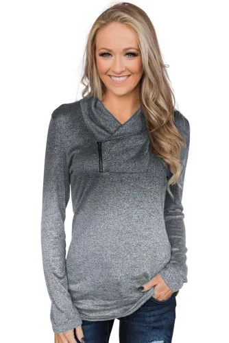 Gray Ombre Long Sleeves Pullover Zipper Cowl Neck Sweatshirt
