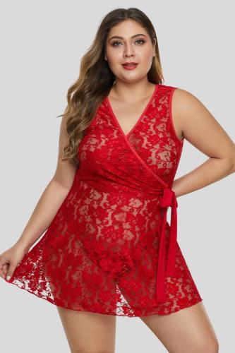 Red Wrap Sash Tie Floral Lace Plus Size Lingerie