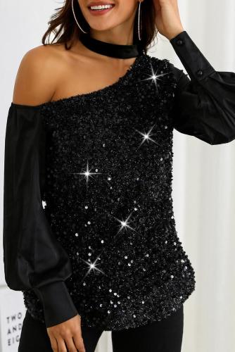 Choker Cut Out Shoulder Sequin Top