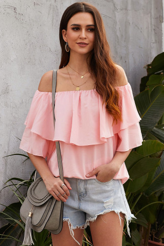 Pink Soft Breeze Frilling Off-shoulder Top