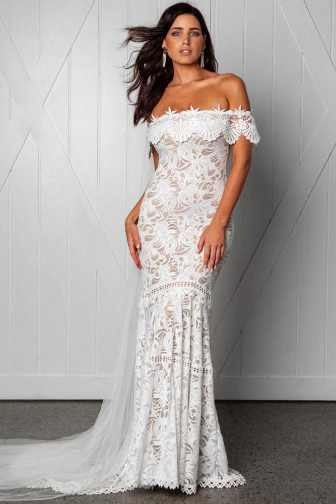White Off Shoulder Ruffled Overlay Bridal Wedding Gown