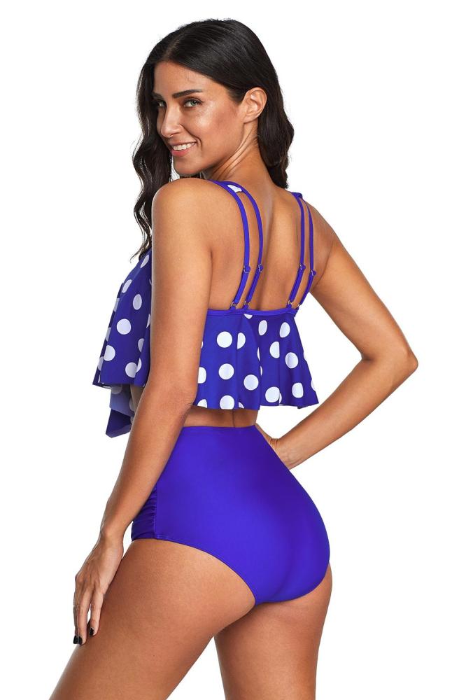 Polka Dot Blue Crop Ruffled Overlay High Waist Tankini