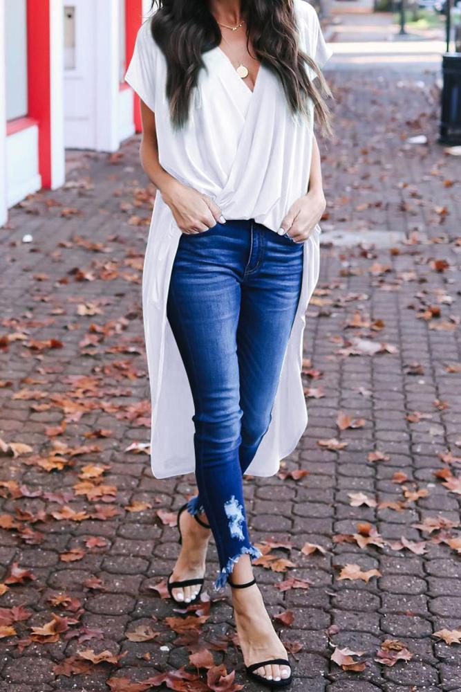 White Stylish Drape High Low Top