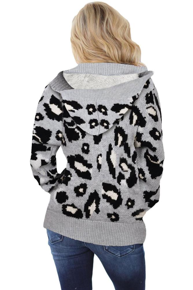 Gray Long Sleeve Button-up Hooded Leopard Print Cardigan