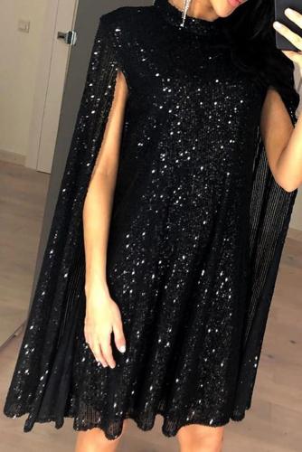 Black Glitter Mock Neck Cape Design Sequins Dress