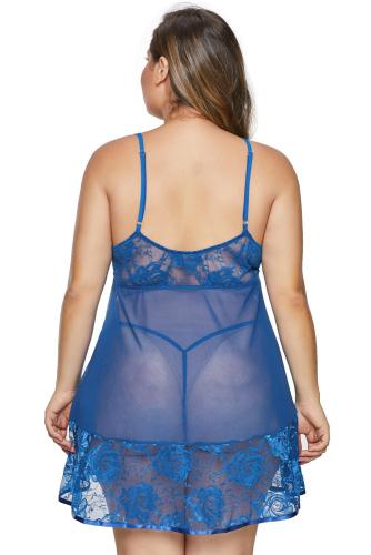 Blue Plus Size Lace Mesh Babydoll with Thong