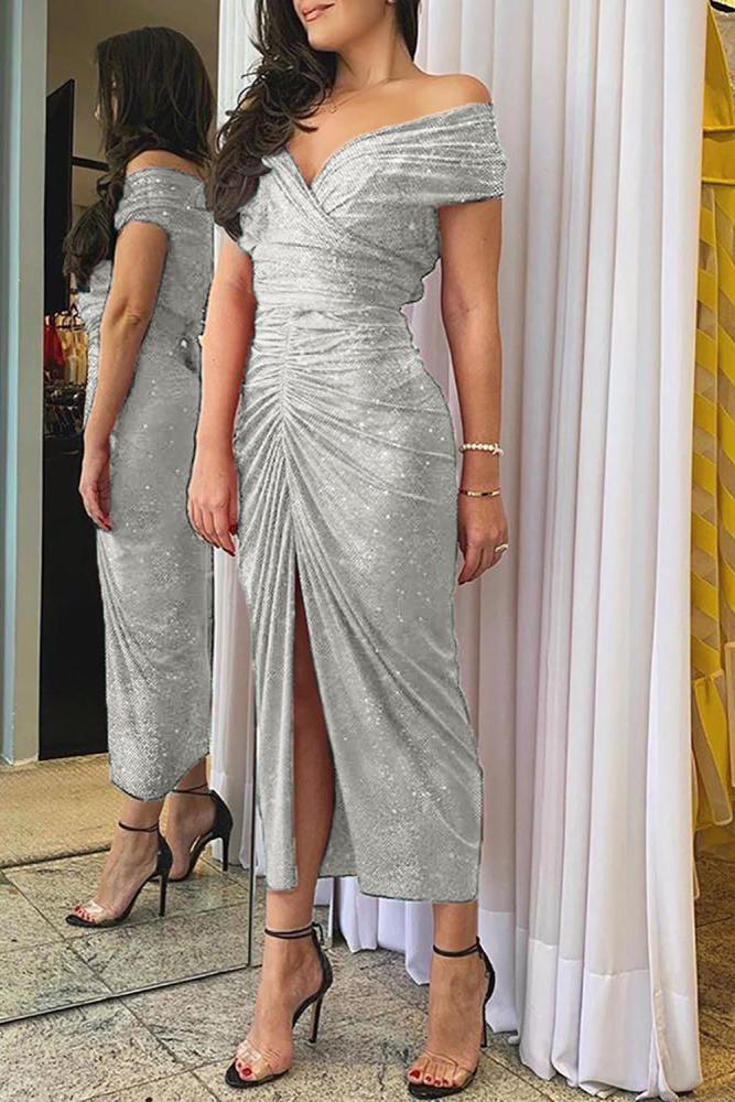 Gray Glitter Off Shoulder Ruched Slit Party Dress