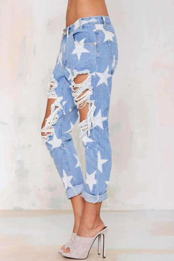Star Pattern Ripped Boyfriend Jeans