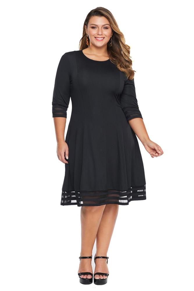 Black 3/4 Length Sleeve Gauze Patchwork Flare Plus Size Dress