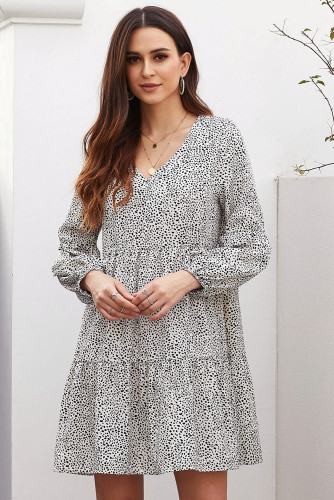 White Leopard Ruffle V-Neck Flowy Loose Tunic Dress