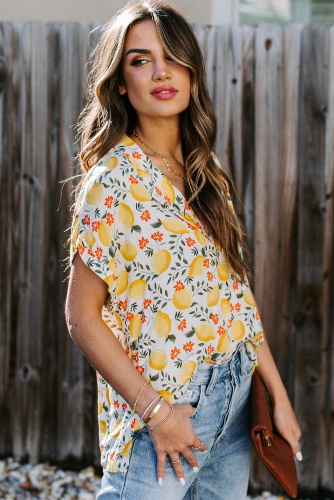 Yellow Printed Button Front Top