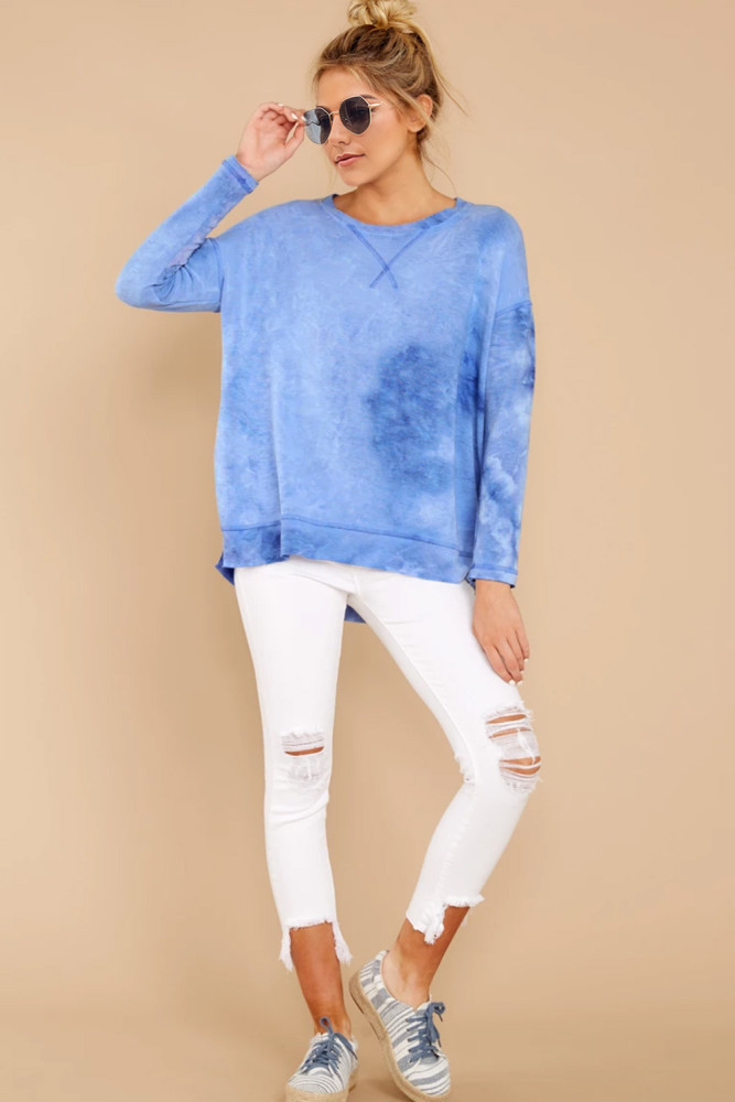 Sky Blue Drop Shoulder High Low Hem Sweatshirt