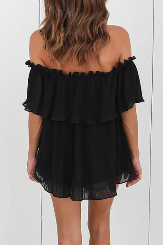 Black Off-Shoulder Pleated Ruffle Blouse