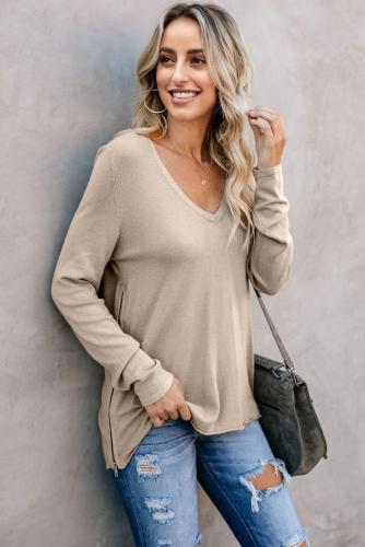Brown Zip Side V Neck Long Sleeve Pullover Top