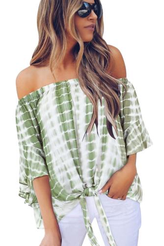 Green Tie Dye Plaid Off Shoulder Blouse