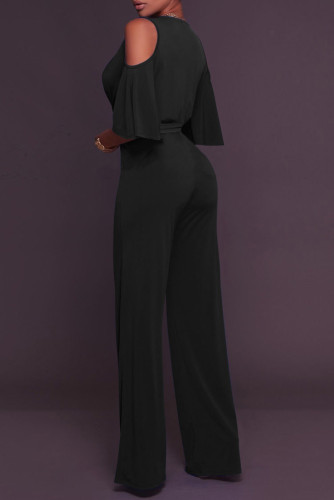 Black V Neck Straps Wide Legs Long Jumpsuit