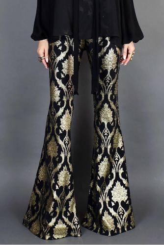 Retro Gold Leaf Foil Print Flare Pants