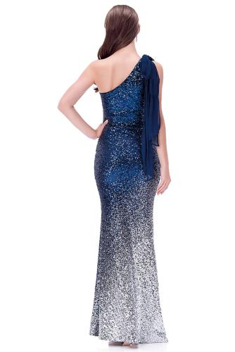 Blue Gradient One Shoulder Sequin Party Evening Dress
