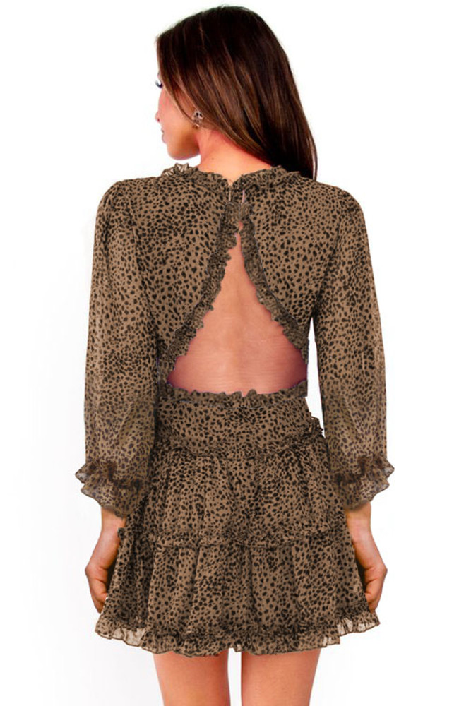 Leopard Ruffle Detailing Open Back Floral Dress