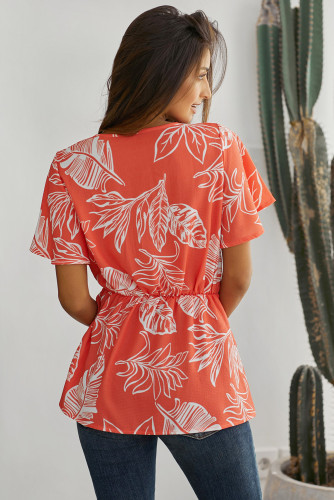 Orange Leaf Vein Floral Printed Twist Blouse