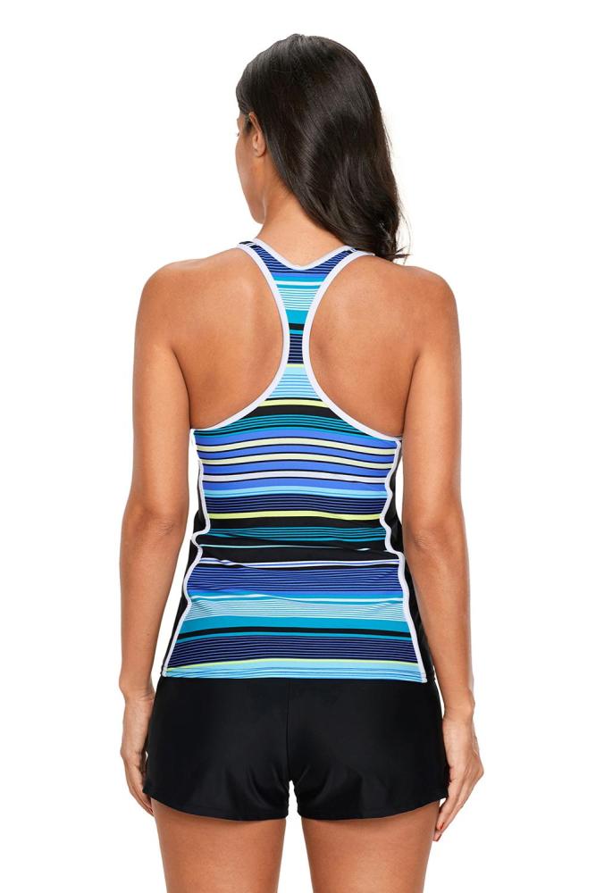 Blue Black Muti Striped Racerback Tankini Top