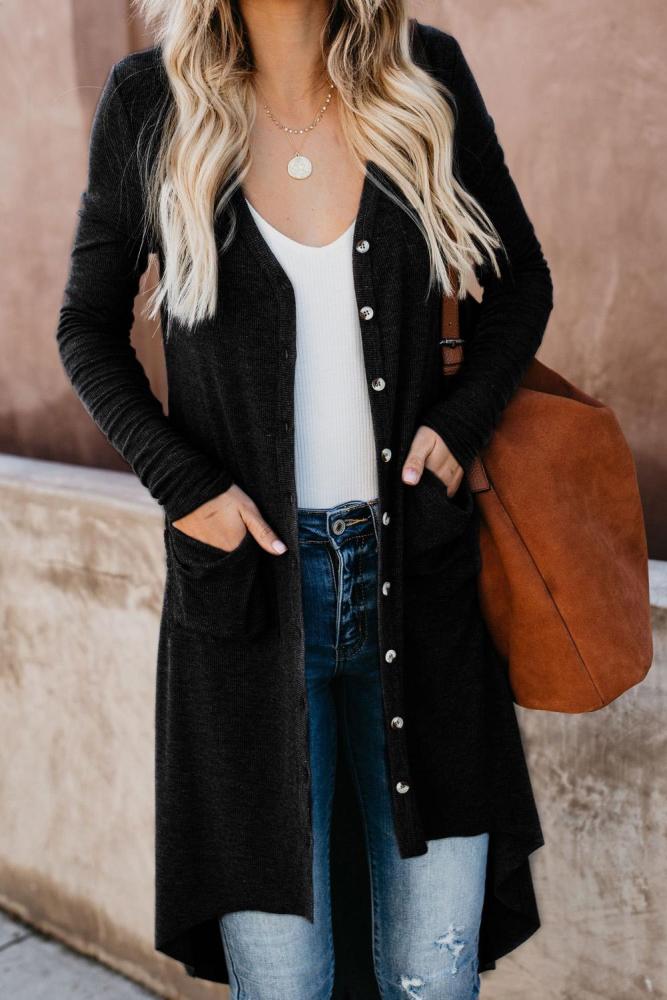 Black Selected Button Down Pocketed High Low Cardigan