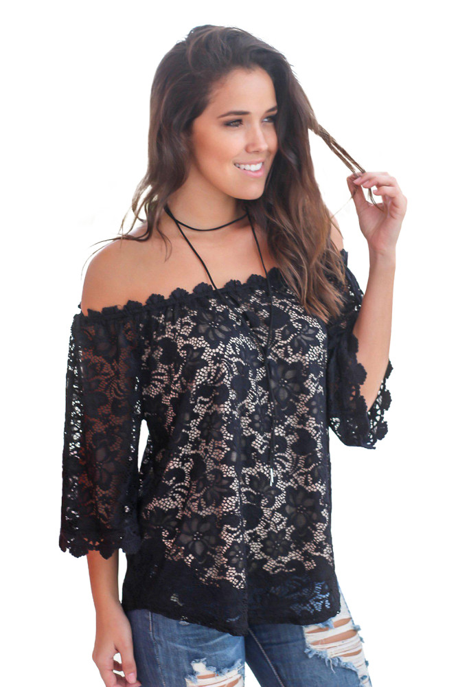 Black Lace Off Shoulder Blouse Top
