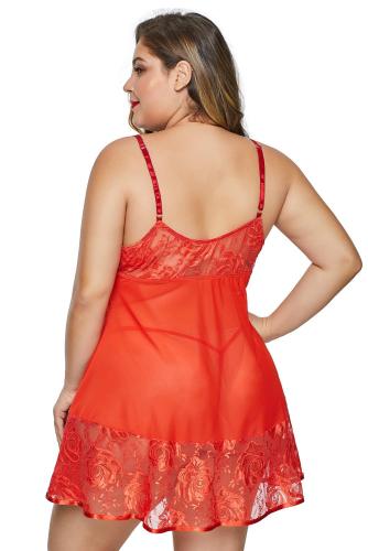 Red Plus Size Lace Mesh Babydoll with Thong