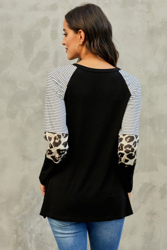 Black Striped and Leopard Color Block Sleeves Top