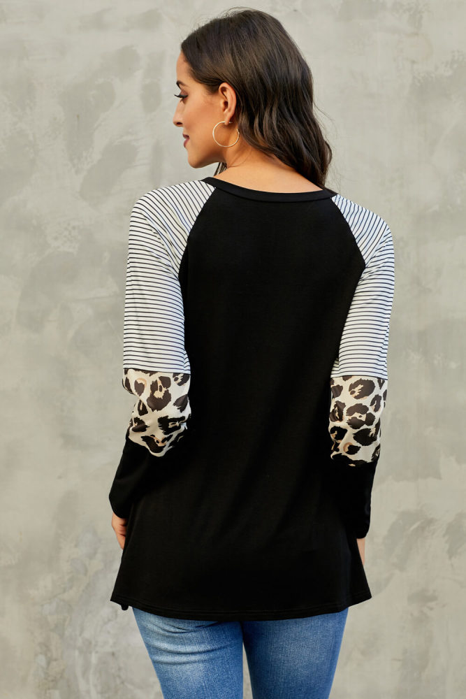 Black Striped and Leopard Color Block Sleeves Top