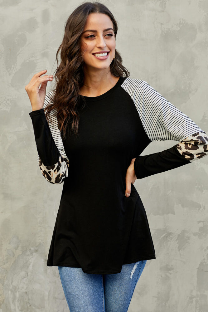 Black Striped and Leopard Color Block Sleeves Top