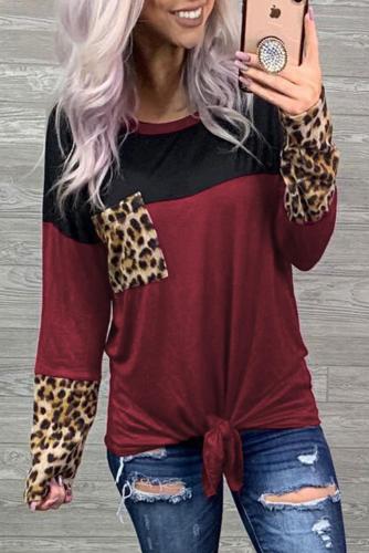 Red Color Block Splicing Leopard Printed Pocket Tie Blouse