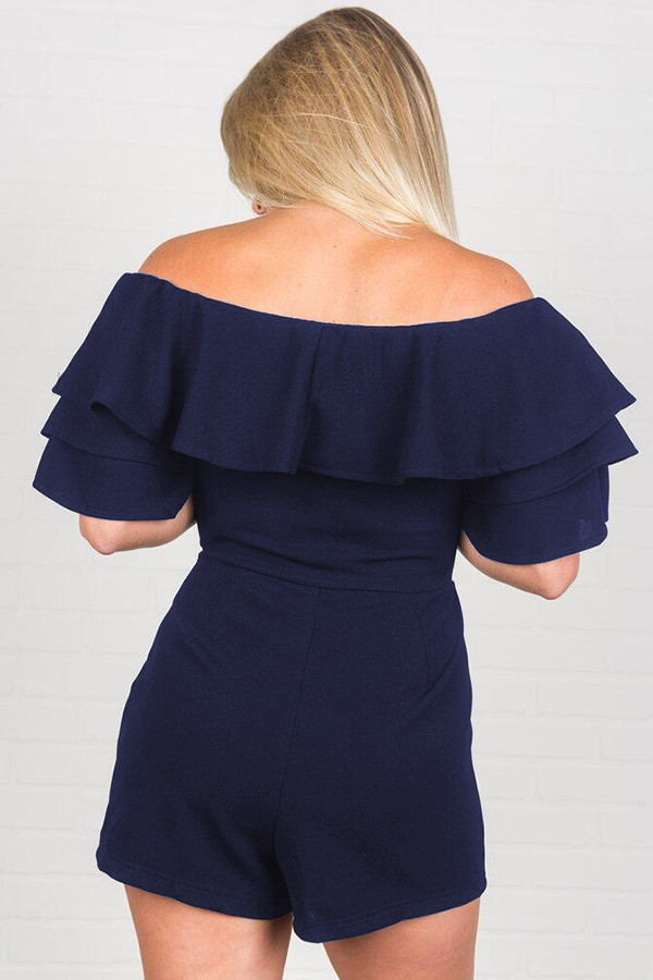 Blue Off Shoulder Neckline Ruffled Detail Playsuit