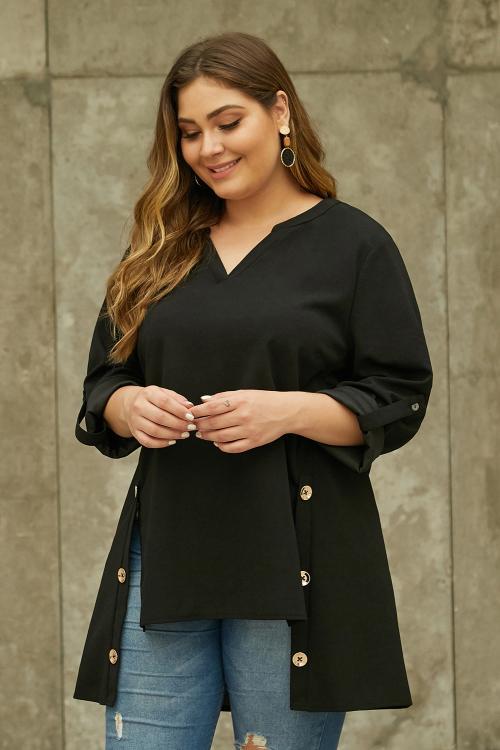 Black V Neck Tab Roll up Sleeve Slits Plus Size Top