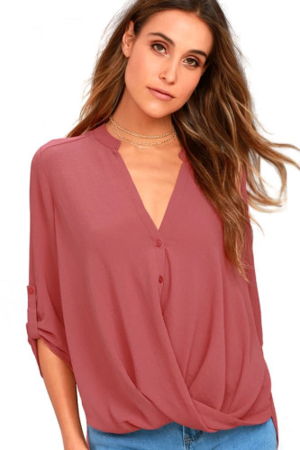 Rusty Rose V Neck Knotted Button-up Sleeve Blouse