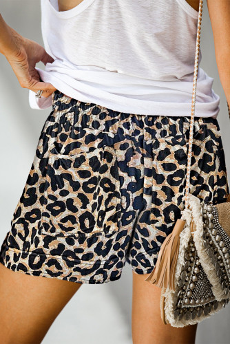 Leopard Print Drawstring Casual Elastic Waist Pocketed Shorts