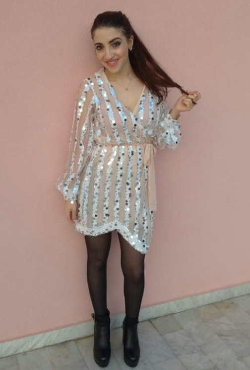 Apricot Sequin Surpliced Wrap Deep V Neck Party Mini Dress