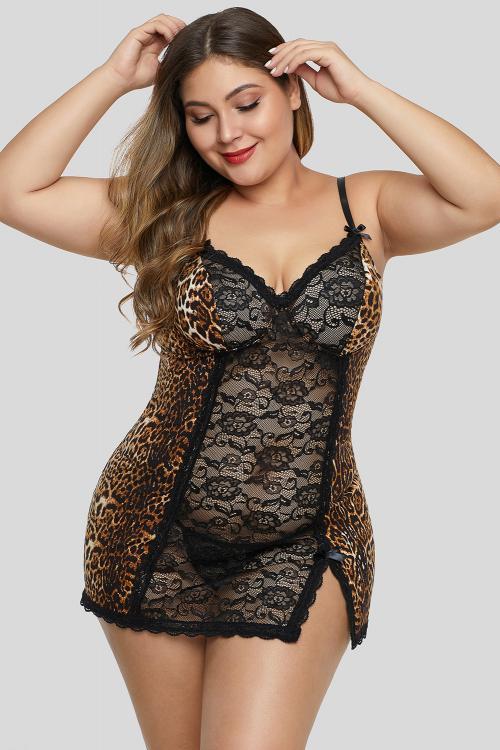 Black Leopard Animal Print Floral Lace Plus Size Chemise