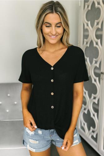 Black Button Down Front Knitwear Blouse