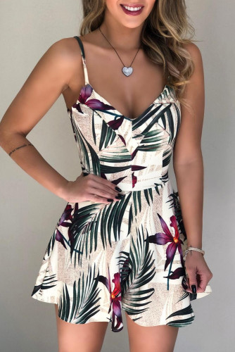 White Floral Print Spaghetti Straps Playsuit