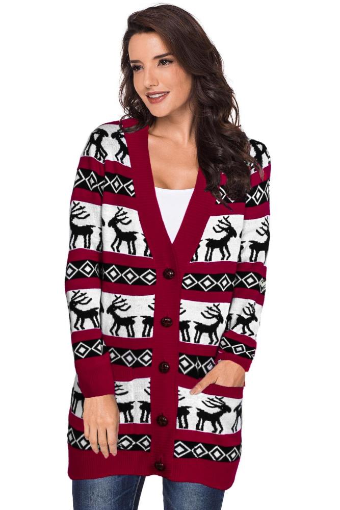 Red Elk Printed Long Sleeves Knitting Mid-length Christmas Cardigan