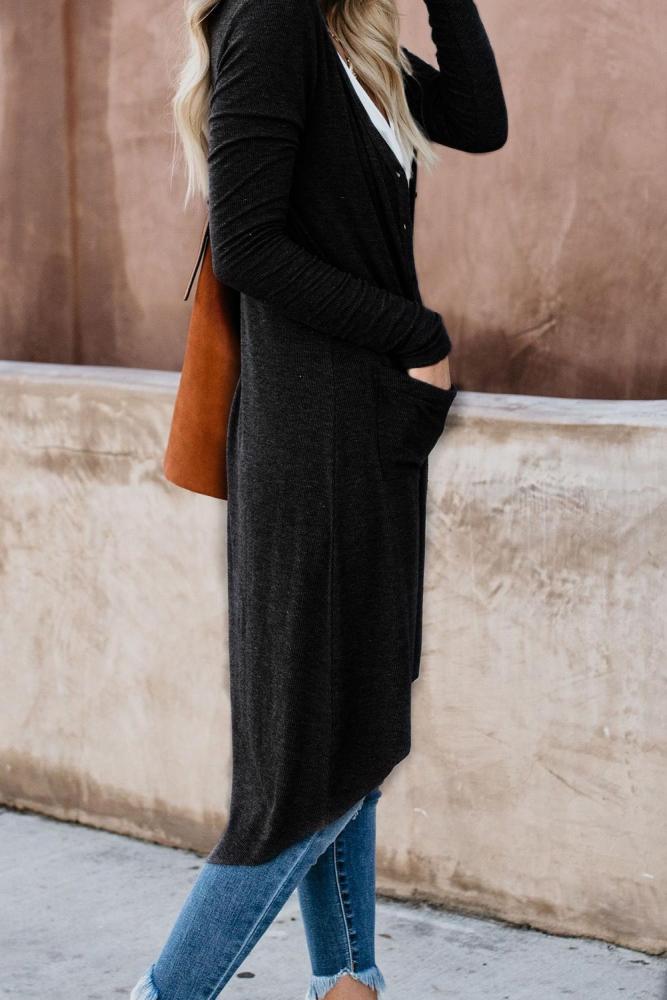 Black Selected Button Down Pocketed High Low Cardigan