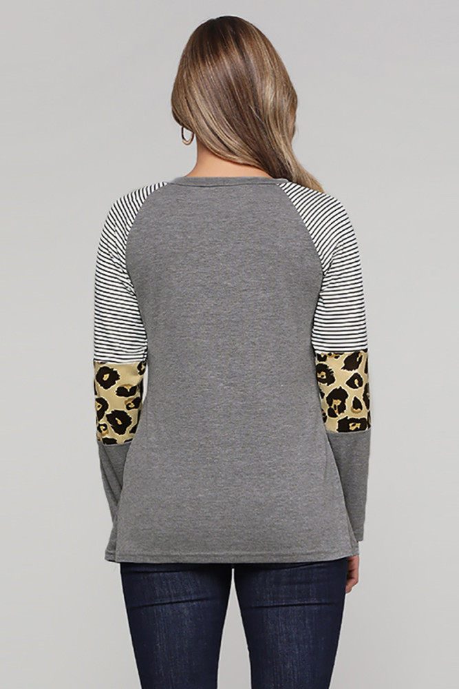 Gray Striped and Leopard Color Block Sleeves Top