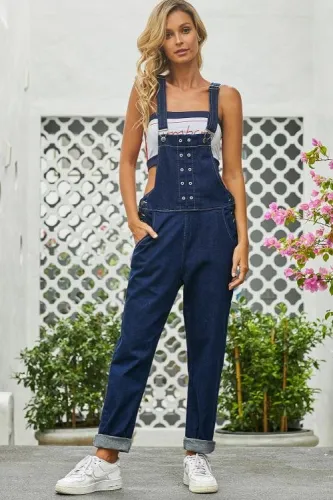 Grommet Detail Dark Blue Denim Overall