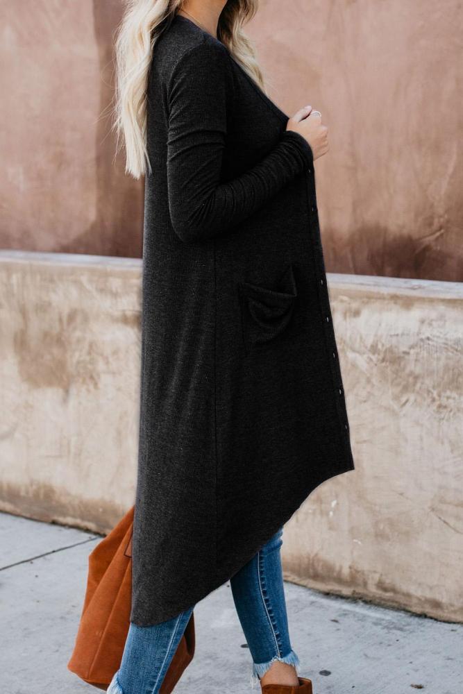 Black Selected Button Down Pocketed High Low Cardigan