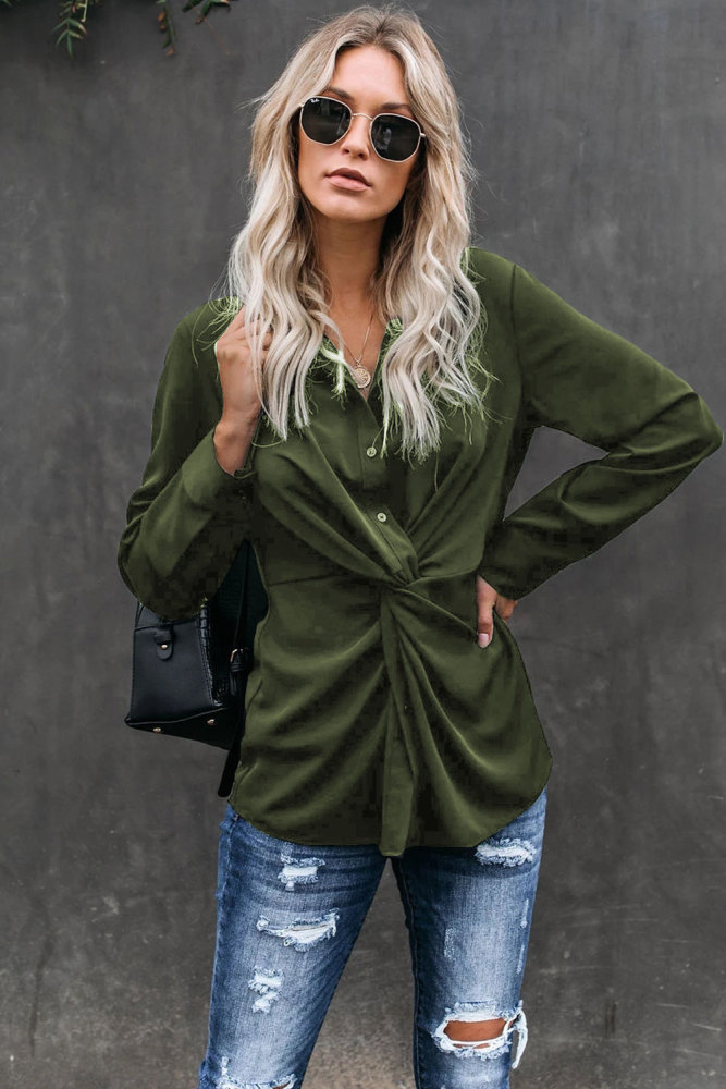 Green Button Down Twist Blouse