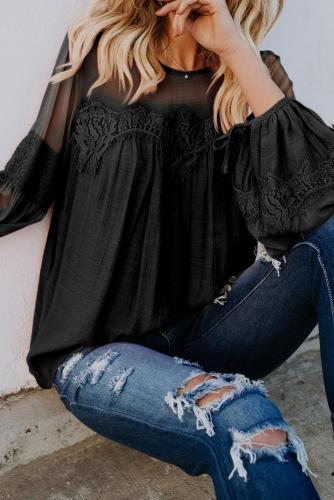 Black Fashion Lantern-Sleeve Lace Patchwork Top