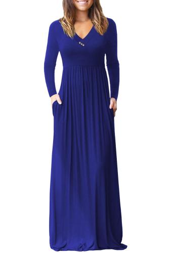 Royal Blue V Neck Pocket Style Long Jersey Dress