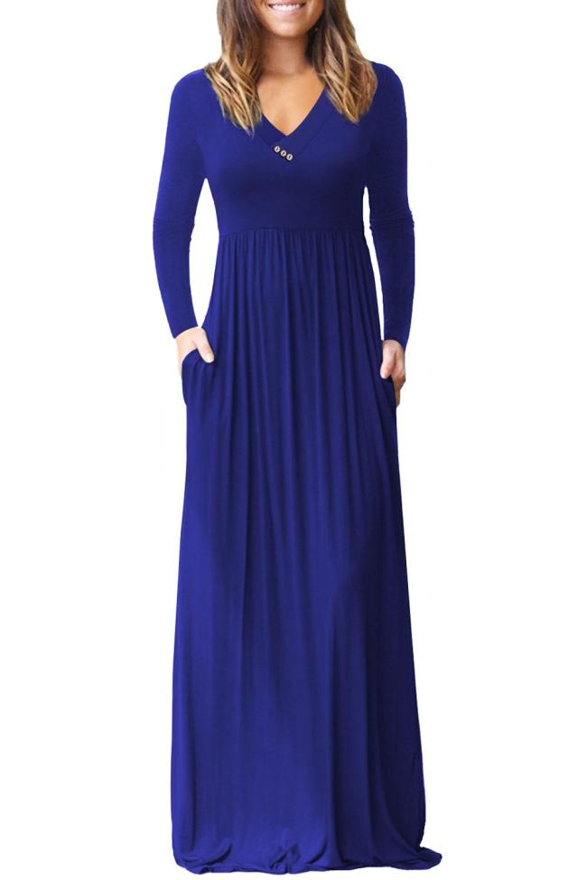 Royal Blue V Neck Pocket Style Long Jersey Dress