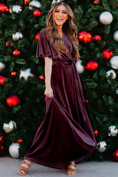 Wine Red Velvet Pleated Wrap Tie Waist Maxi Dress